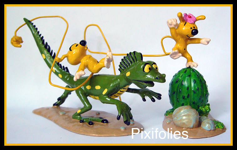 Pixi FRANQUIN : MARSUPILAMI La bataille des bébés Marsu chevauchant les iguanes : Bibi sur le cactus et Bibu sur l’iguane.