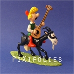 Pixi PEYO : Johan & Pirlouit Pirlouit jouant de la guitare à cheval sur Biquette